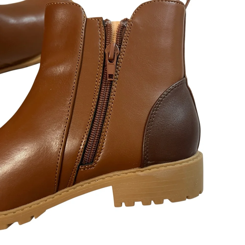 Brown Side Zip Lug Sole Ankle Boots Girls Size 4Y Faux Leather Chelsea Style